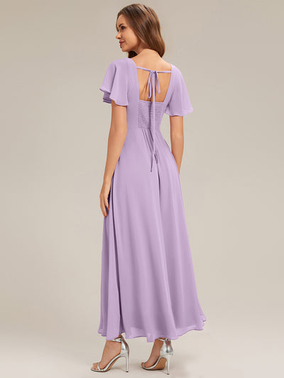 Kn?chellang A-Linien Chiffon Kleid Square Neck Raffung Gathered R¨¹ckenfrei Design #Farbe_Mattflieder