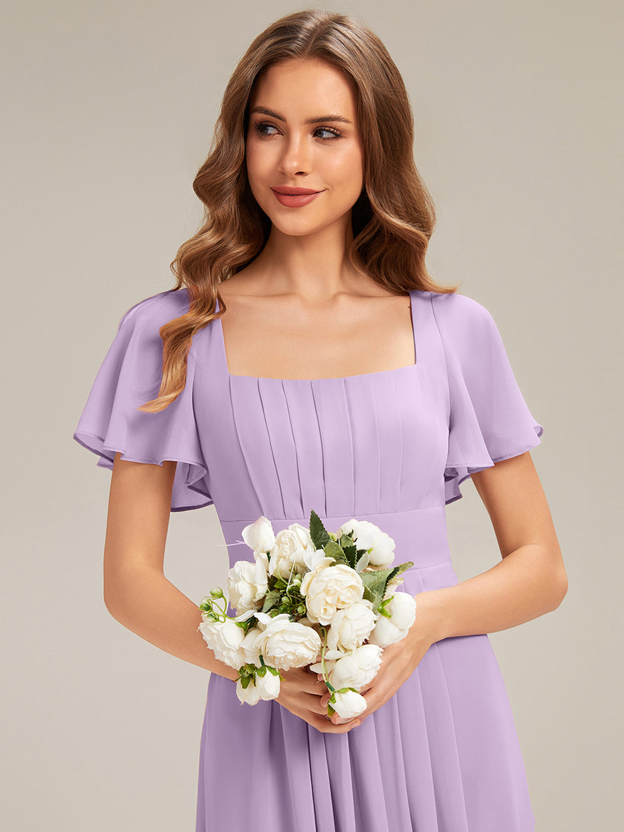 Kn?chellang A-Linien Chiffon Kleid Square Neck Raffung Gathered R¨¹ckenfrei Design #Farbe_Mattflieder