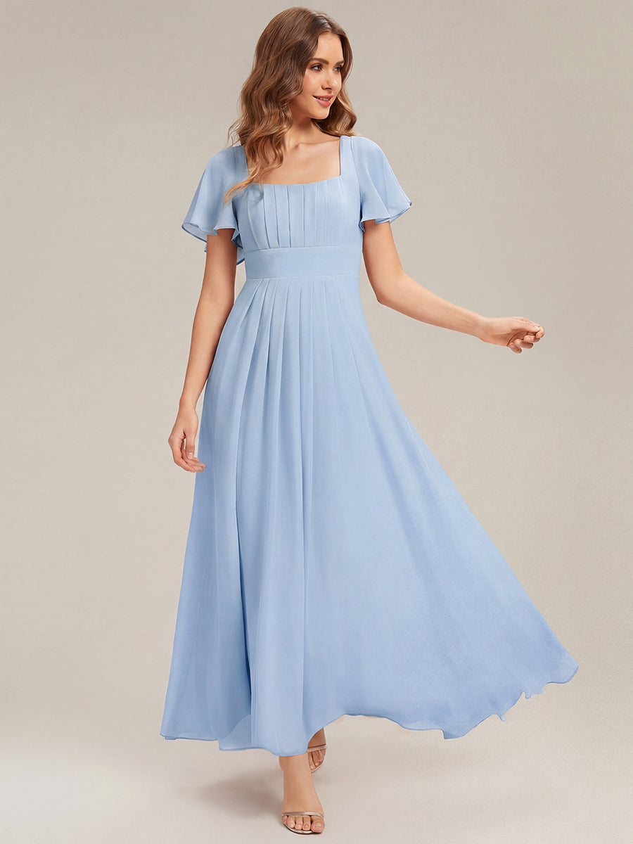 Kn?chellang A-Linien Chiffon Kleid Square Neck Raffung Gathered R¨¹ckenfrei Design #Farbe_Eisblau