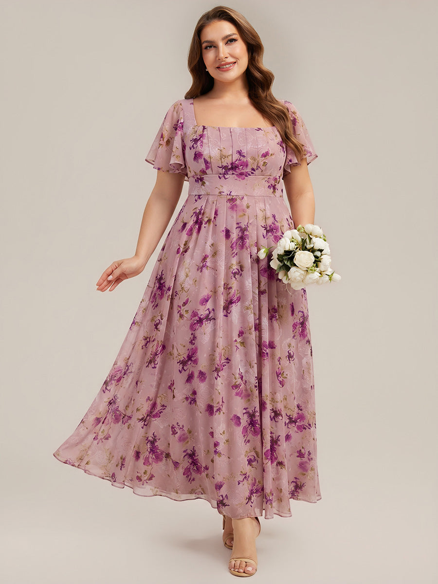 Kn?chellang A-Linien Chiffon Kleid Square Neck Raffung Gathered R¨¹ckenfrei Design #Farbe_Helllila mit Print