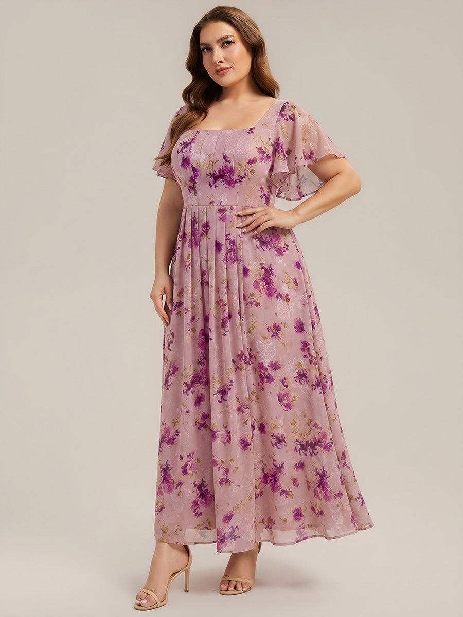 Kn?chellang A-Linien Chiffon Kleid Square Neck Raffung Gathered R¨¹ckenfrei Design #Farbe_Helllila mit Print