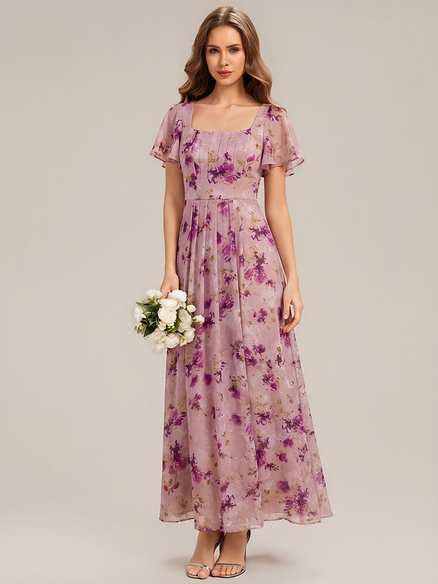 Kn?chellang A-Linien Chiffon Kleid Square Neck Raffung Gathered R¨¹ckenfrei Design #Farbe_Helllila mit Print