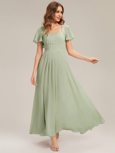 Kn?chellang A-Linien Chiffon Kleid Square Neck Raffung Gathered R¨¹ckenfrei Design #Farbe_Mintgrün