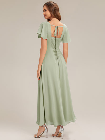 Kn?chellang A-Linien Chiffon Kleid Square Neck Raffung Gathered R¨¹ckenfrei Design #Farbe_Mintgrün