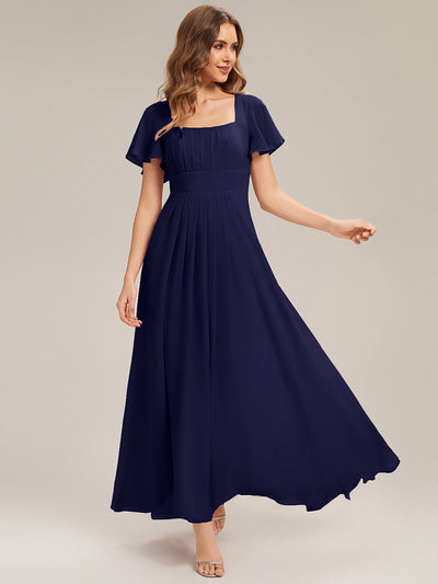 Kn?chellang A-Linien Chiffon Kleid Square Neck Raffung Gathered R¨¹ckenfrei Design #Farbe_Marineblau