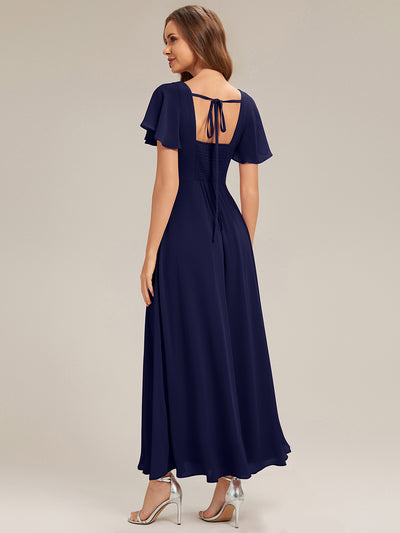 Kn?chellang A-Linien Chiffon Kleid Square Neck Raffung Gathered R¨¹ckenfrei Design #Farbe_Marineblau