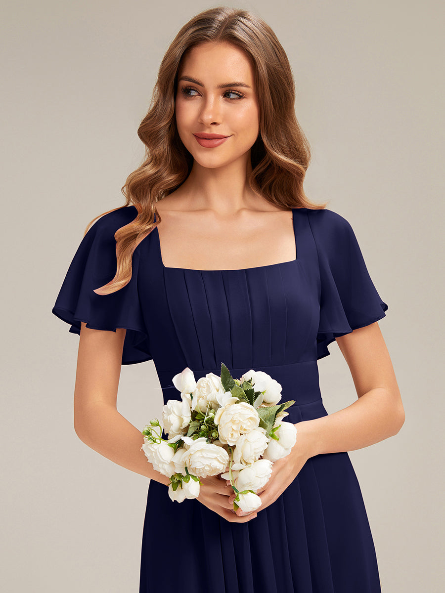 Kn?chellang A-Linien Chiffon Kleid Square Neck Raffung Gathered R¨¹ckenfrei Design #Farbe_Marineblau