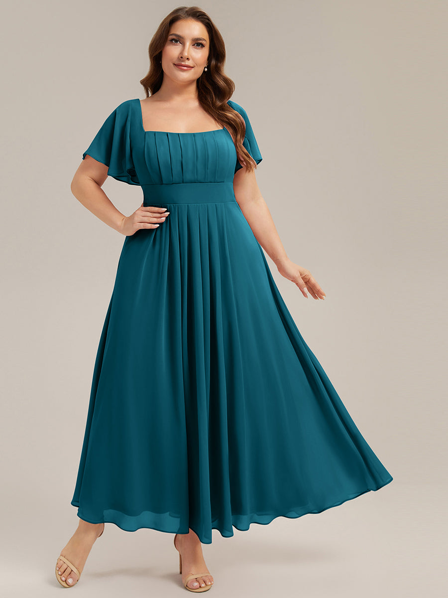 Kn?chellang A-Linien Chiffon Kleid Square Neck Raffung Gathered R¨¹ckenfrei Design #Farbe_Petrol