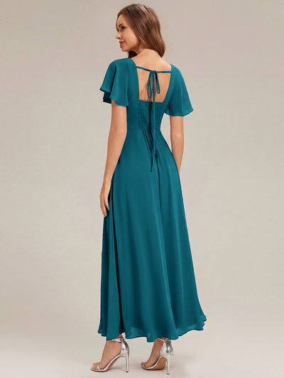 Kn?chellang A-Linien Chiffon Kleid Square Neck Raffung Gathered R¨¹ckenfrei Design #Farbe_Petrol