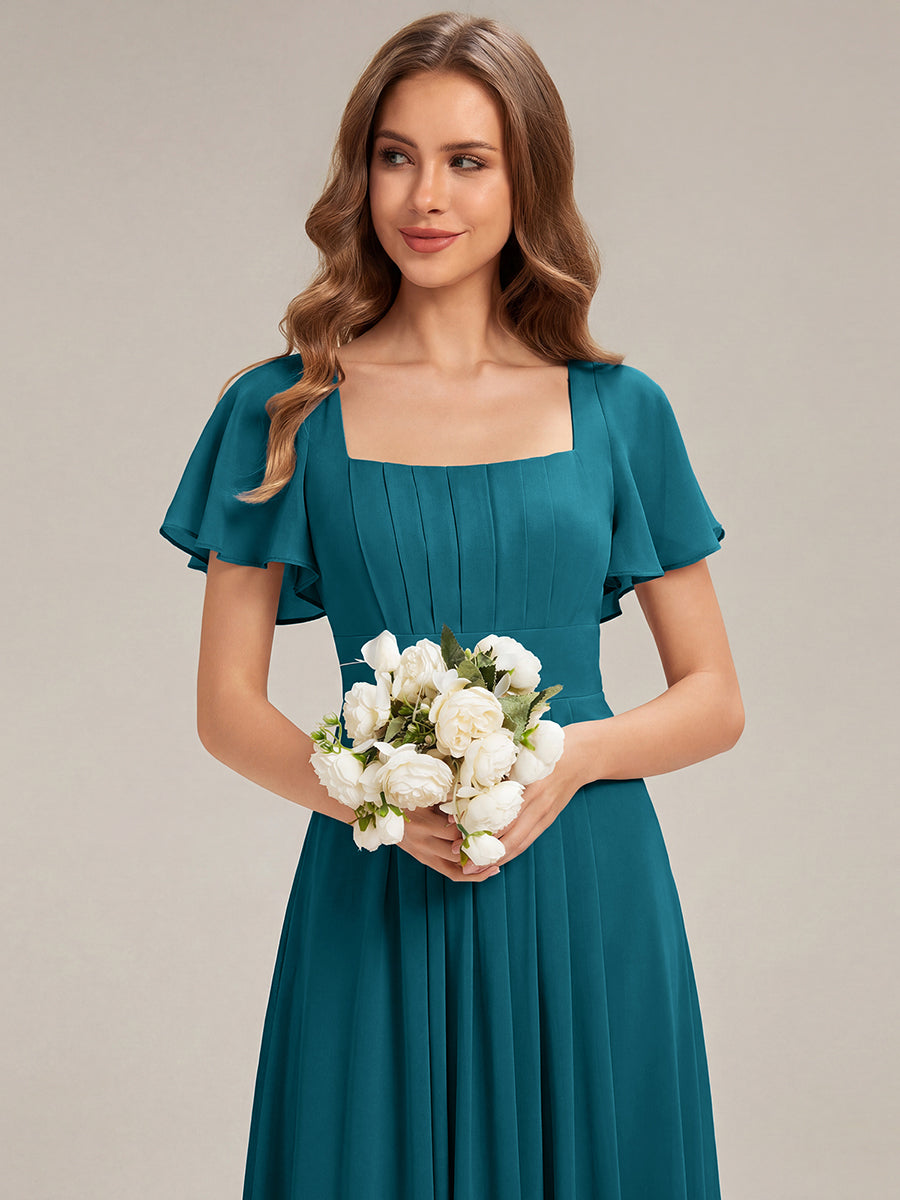 Kn?chellang A-Linien Chiffon Kleid Square Neck Raffung Gathered R¨¹ckenfrei Design #Farbe_Petrol