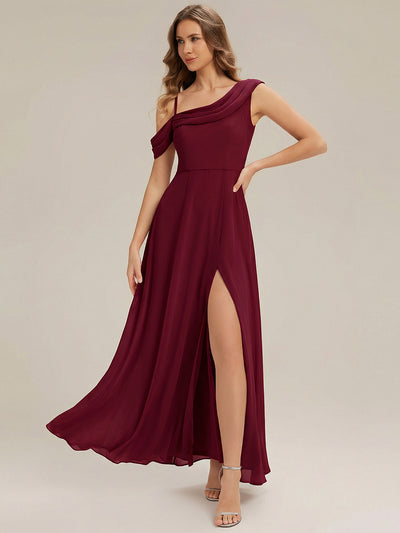 Maxi Asymmetrisches A-Linien Chiffon Kleid Mit Schlitz Detail #Farbe_Burgunderrot