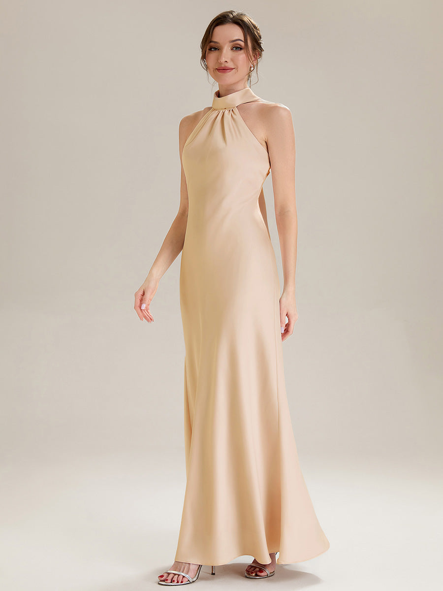 Midi Länge Halter Neck Meerjungfrau Satin Kleid Mit Oberschenkel Hohem Schlitz Und Rückenfreier Gestaltung Kleid #Farbe_Champagner