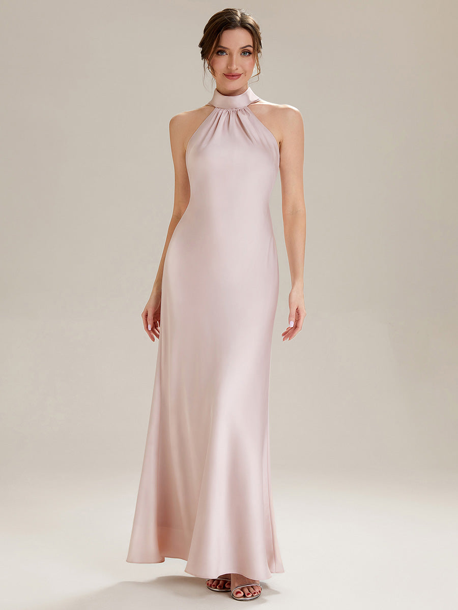 Midi Länge Halter Neck Meerjungfrau Satin Kleid Mit Oberschenkel Hohem Schlitz Und Rückenfreier Gestaltung Kleid #Farbe_Pink