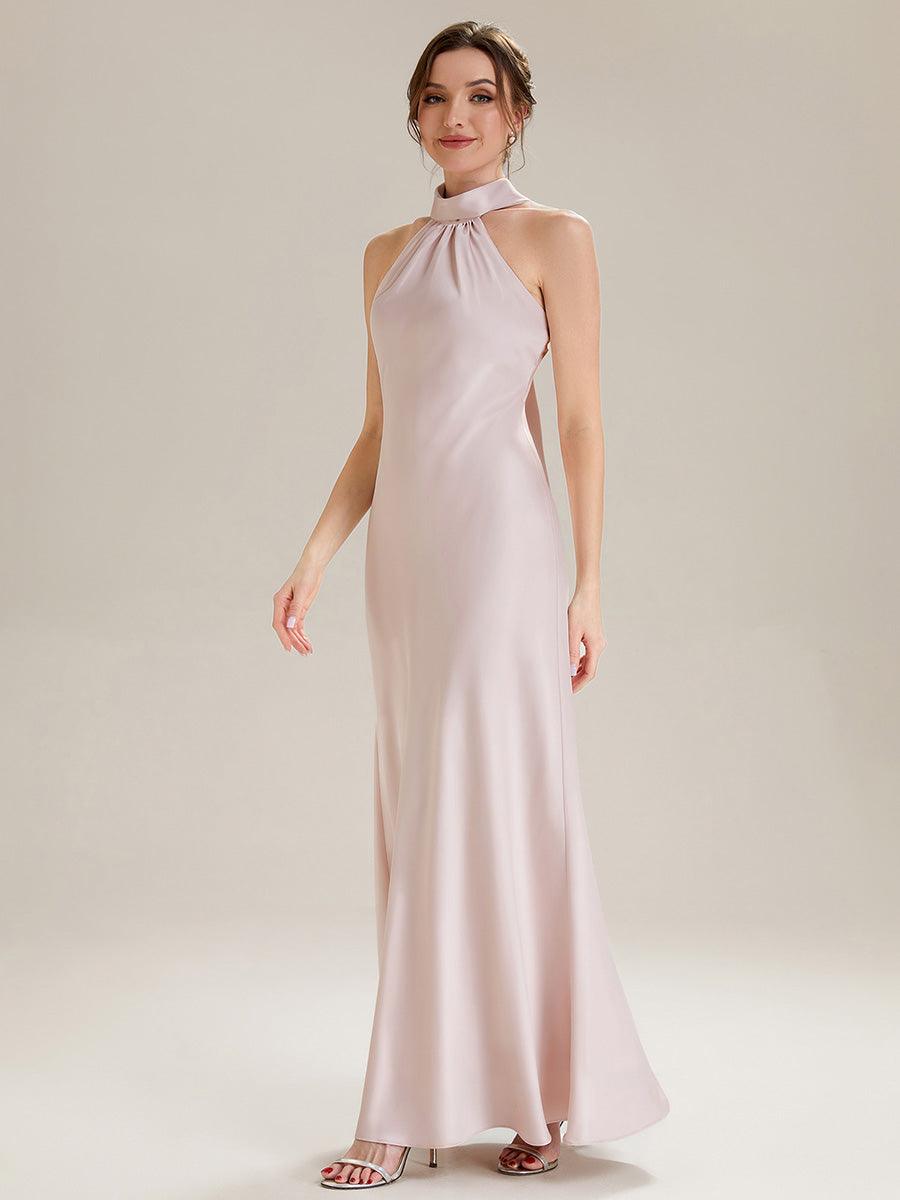 Midi Länge Halter Neck Meerjungfrau Satin Kleid Mit Oberschenkel Hohem Schlitz Und Rückenfreier Gestaltung Kleid #Farbe_Pink