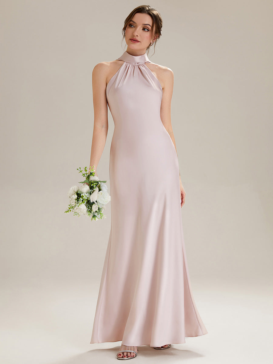 Midi Länge Halter Neck Meerjungfrau Satin Kleid Mit Oberschenkel Hohem Schlitz Und Rückenfreier Gestaltung Kleid #Farbe_Pink