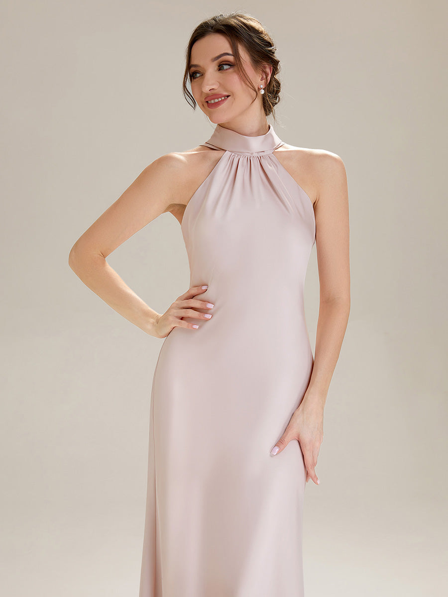Midi Länge Halter Neck Meerjungfrau Satin Kleid Mit Oberschenkel Hohem Schlitz Und Rückenfreier Gestaltung Kleid #Farbe_Pink