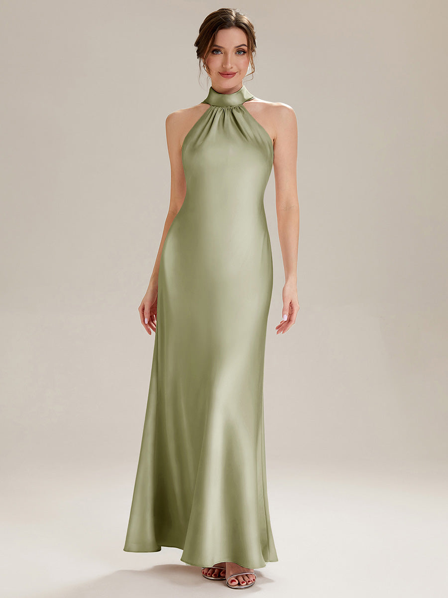 Midi Länge Halter Neck Meerjungfrau Satin Kleid Mit Oberschenkel Hohem Schlitz Und Rückenfreier Gestaltung Kleid #Farbe_Salbeigrün