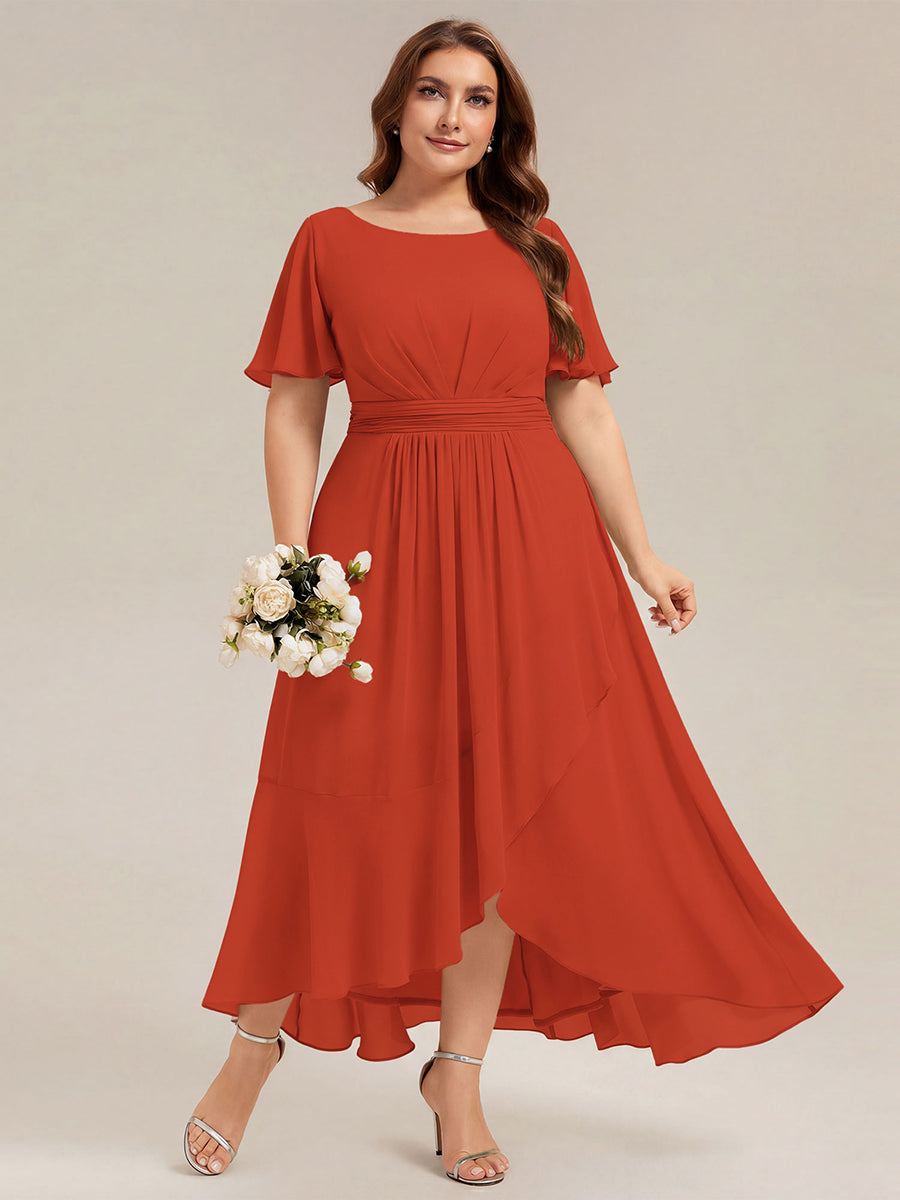 High-Low Chiffon Kleid Mit Rundhalsausschnitt Asymmetrischem Saum Gerüschten Und Rüschen Details Faltenoptik #Farbe_Gebranntes Orange