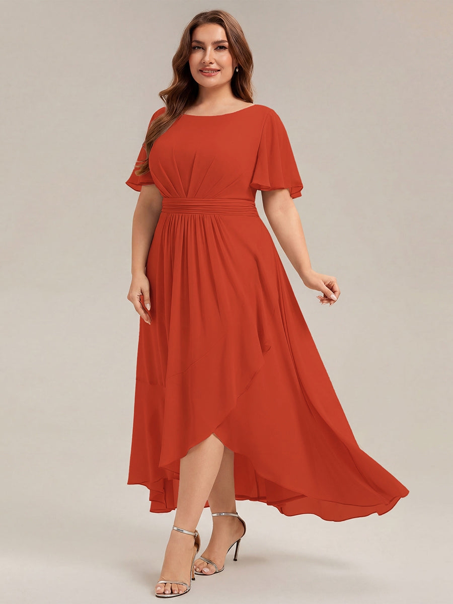 High-Low Chiffon Kleid Mit Rundhalsausschnitt Asymmetrischem Saum Gerüschten Und Rüschen Details Faltenoptik #Farbe_Gebranntes Orange