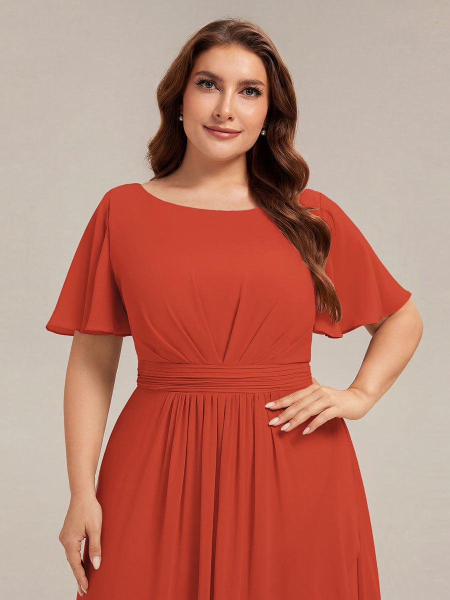 High-Low Chiffon Kleid Mit Rundhalsausschnitt Asymmetrischem Saum Gerüschten Und Rüschen Details Faltenoptik #Farbe_Gebranntes Orange