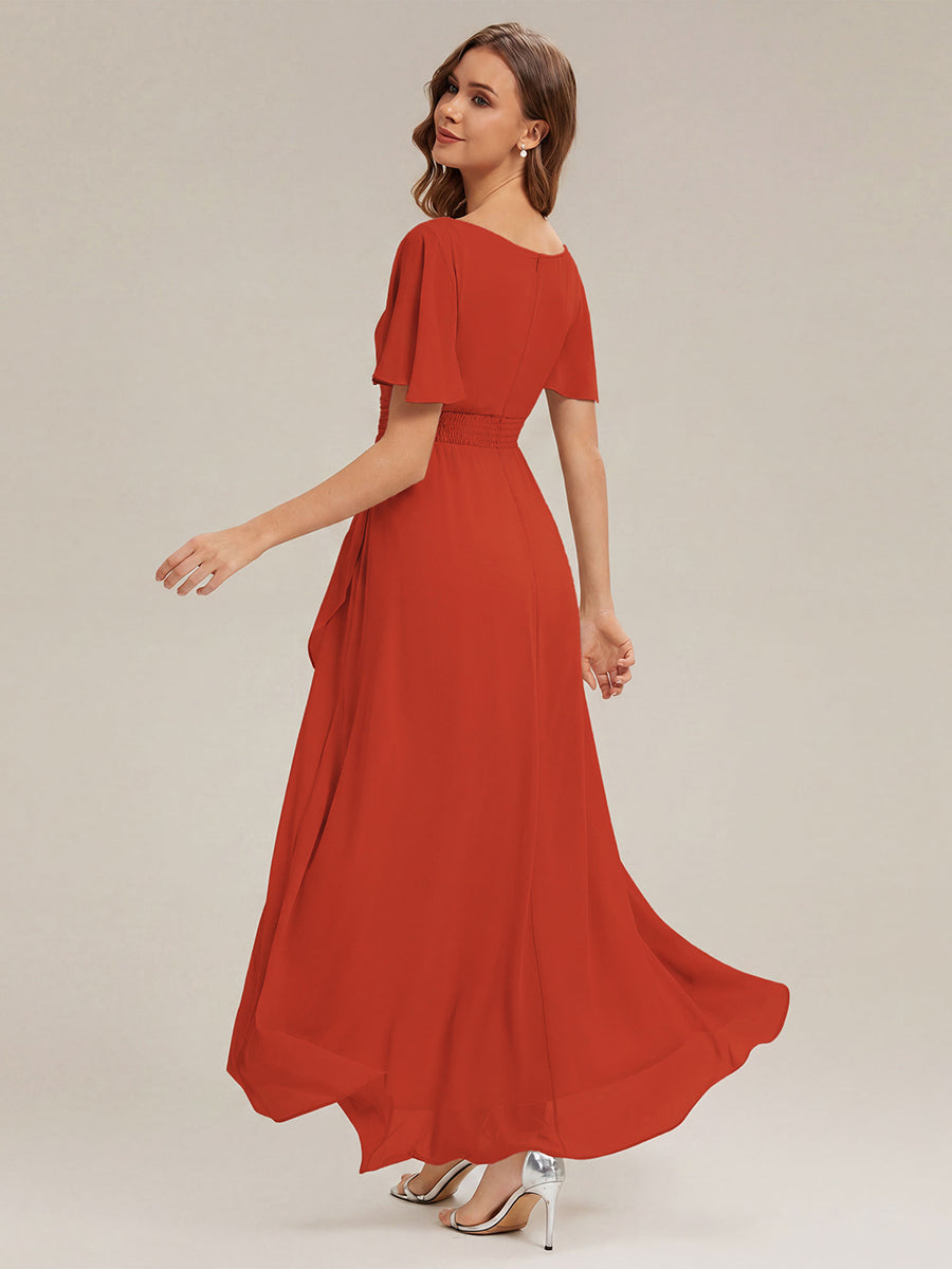 High-Low Chiffon Kleid Mit Rundhalsausschnitt Asymmetrischem Saum Gerüschten Und Rüschen Details Faltenoptik #Farbe_Gebranntes Orange