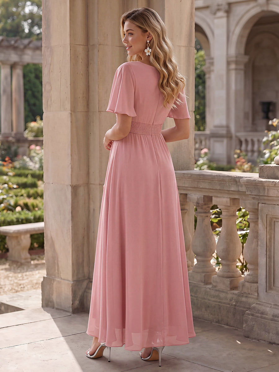 High-Low Chiffon Kleid Mit Rundhalsausschnitt Asymmetrischem Saum Gerüschten Und Rüschen Details Faltenoptik #Farbe_Altrosa