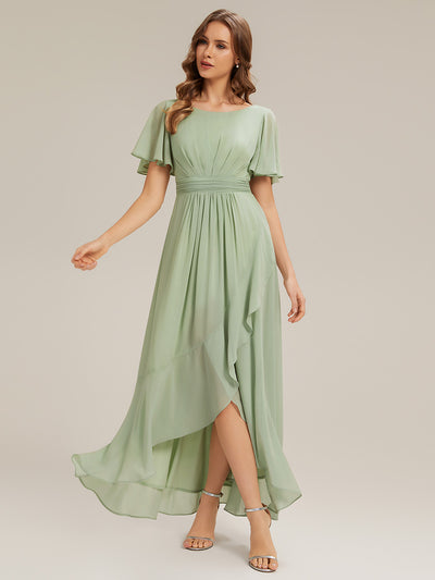 High-Low Chiffon Kleid Mit Rundhalsausschnitt Asymmetrischem Saum Gerüschten Und Rüschen Details Faltenoptik #Farbe_Mintgrün