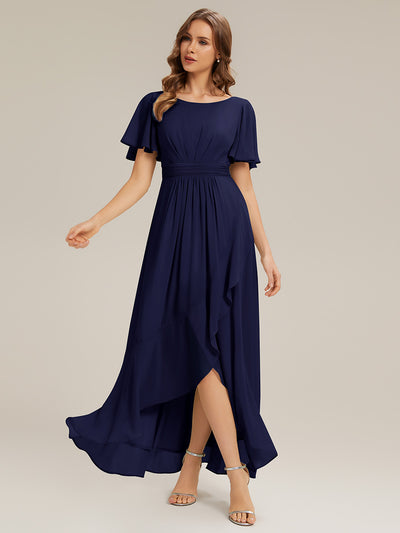High-Low Chiffon Kleid Mit Rundhalsausschnitt Asymmetrischem Saum Gerüschten Und Rüschen Details Faltenoptik #Farbe_Marineblau