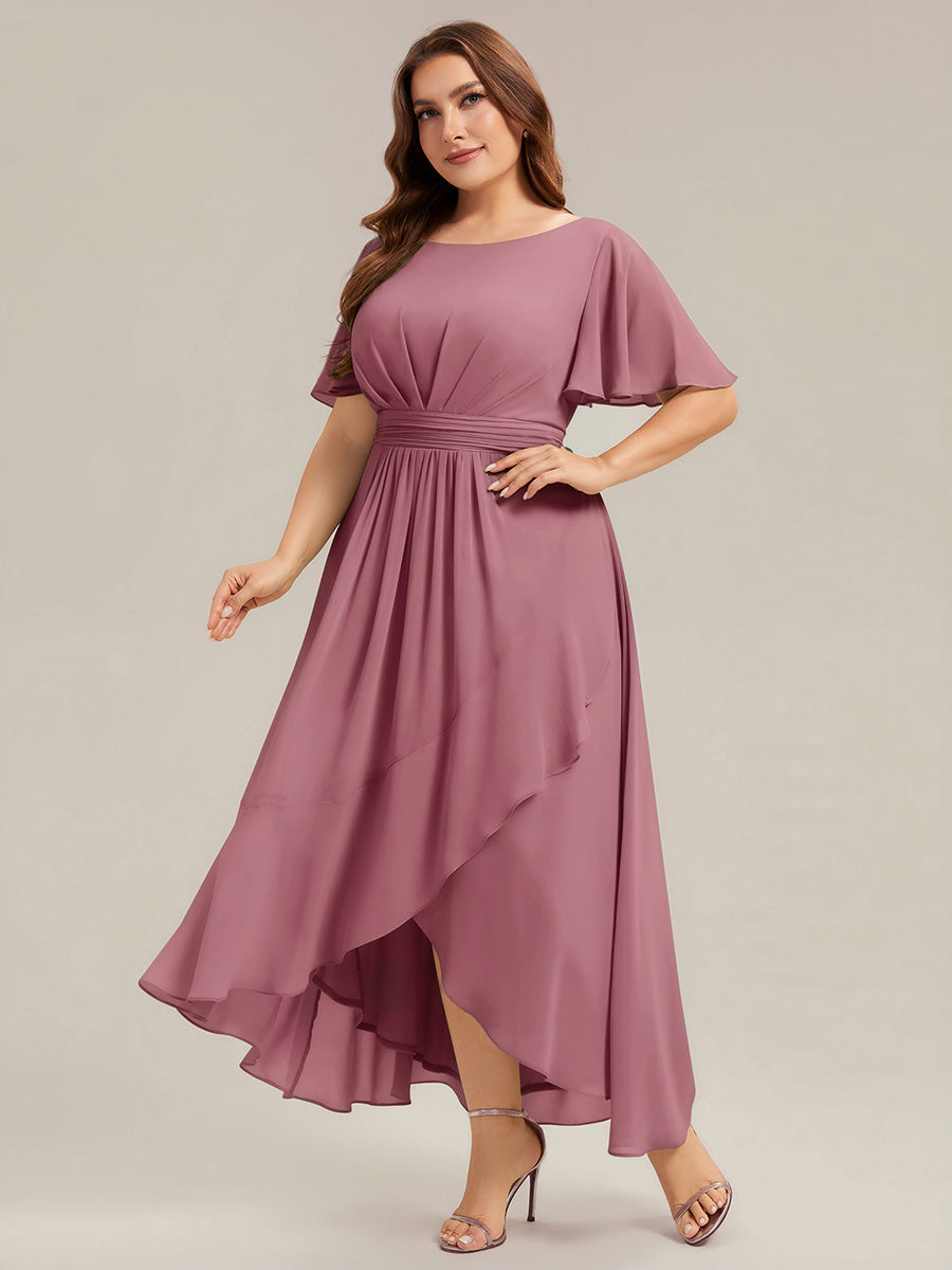 High-Low Chiffon Kleid Mit Rundhalsausschnitt Asymmetrischem Saum Gerüschten Und Rüschen Details Faltenoptik #Farbe_Orchideenviolett