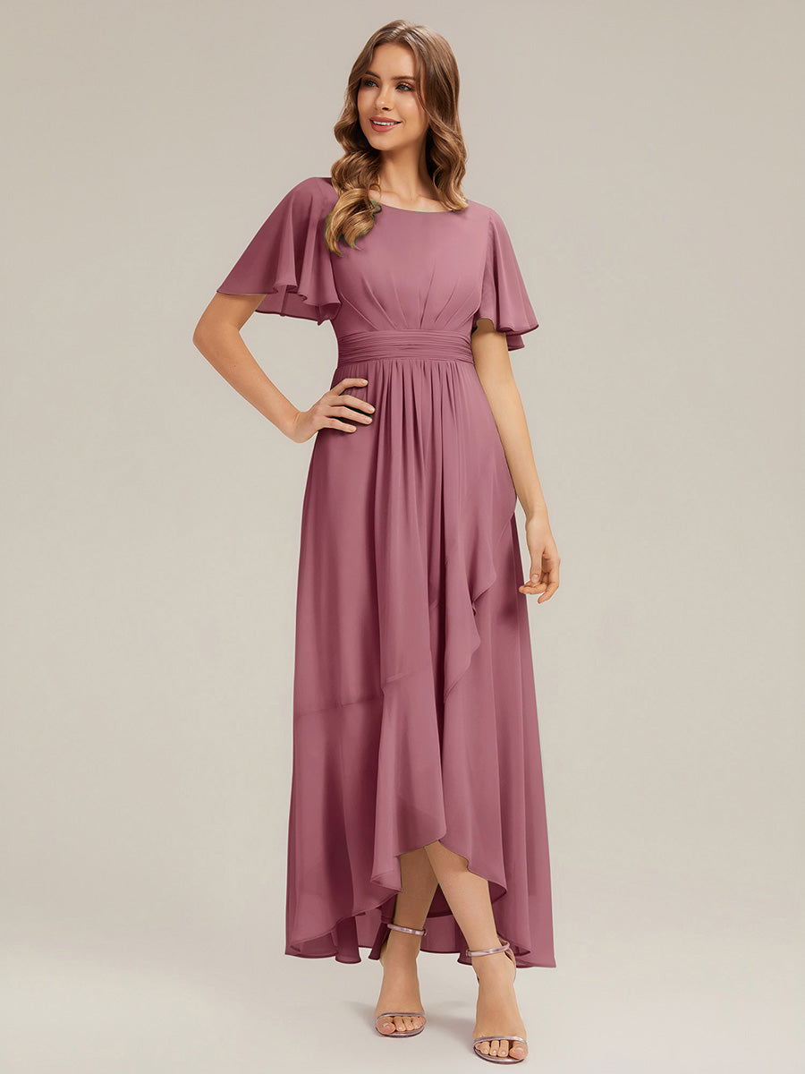 High-Low Chiffon Kleid Mit Rundhalsausschnitt Asymmetrischem Saum Gerüschten Und Rüschen Details Faltenoptik #Farbe_Orchideenviolett