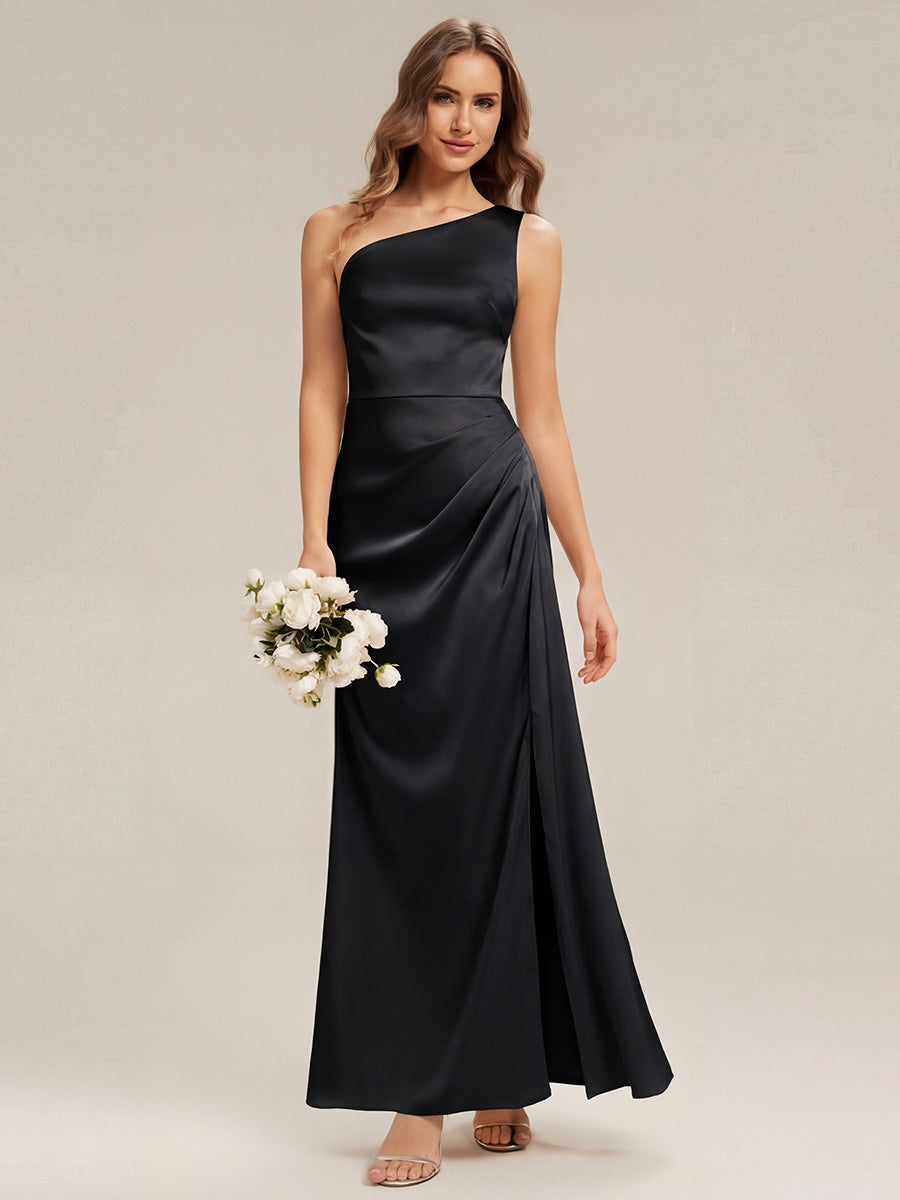 Bodenlanger Asymmetrischer Sheath Satin Kleid Mit Hohem Schlitz Elegantes Abendkleid #Farbe_Schwarz