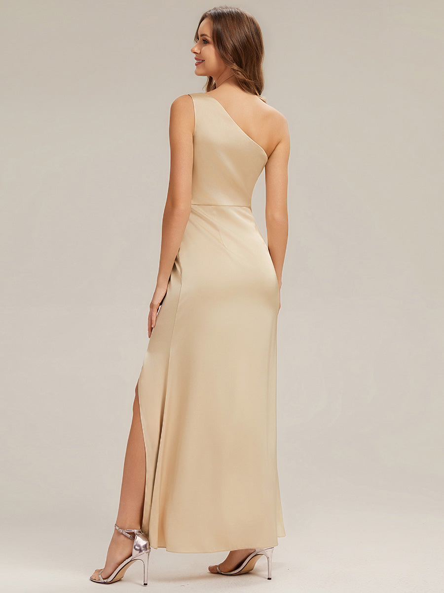 Bodenlanger Asymmetrischer Sheath Satin Kleid Mit Hohem Schlitz Elegantes Abendkleid #Farbe_Champagner