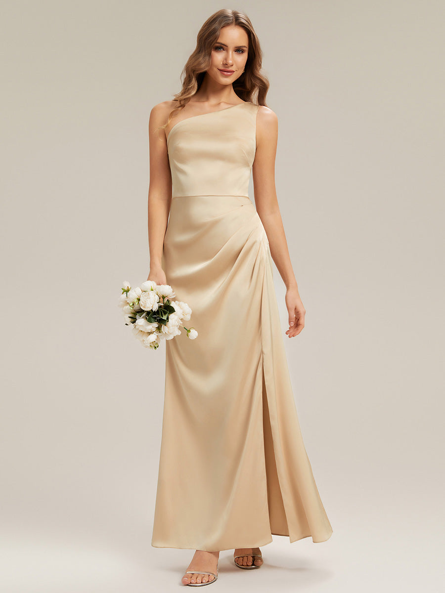 Bodenlanger Asymmetrischer Sheath Satin Kleid Mit Hohem Schlitz Elegantes Abendkleid #Farbe_Champagner