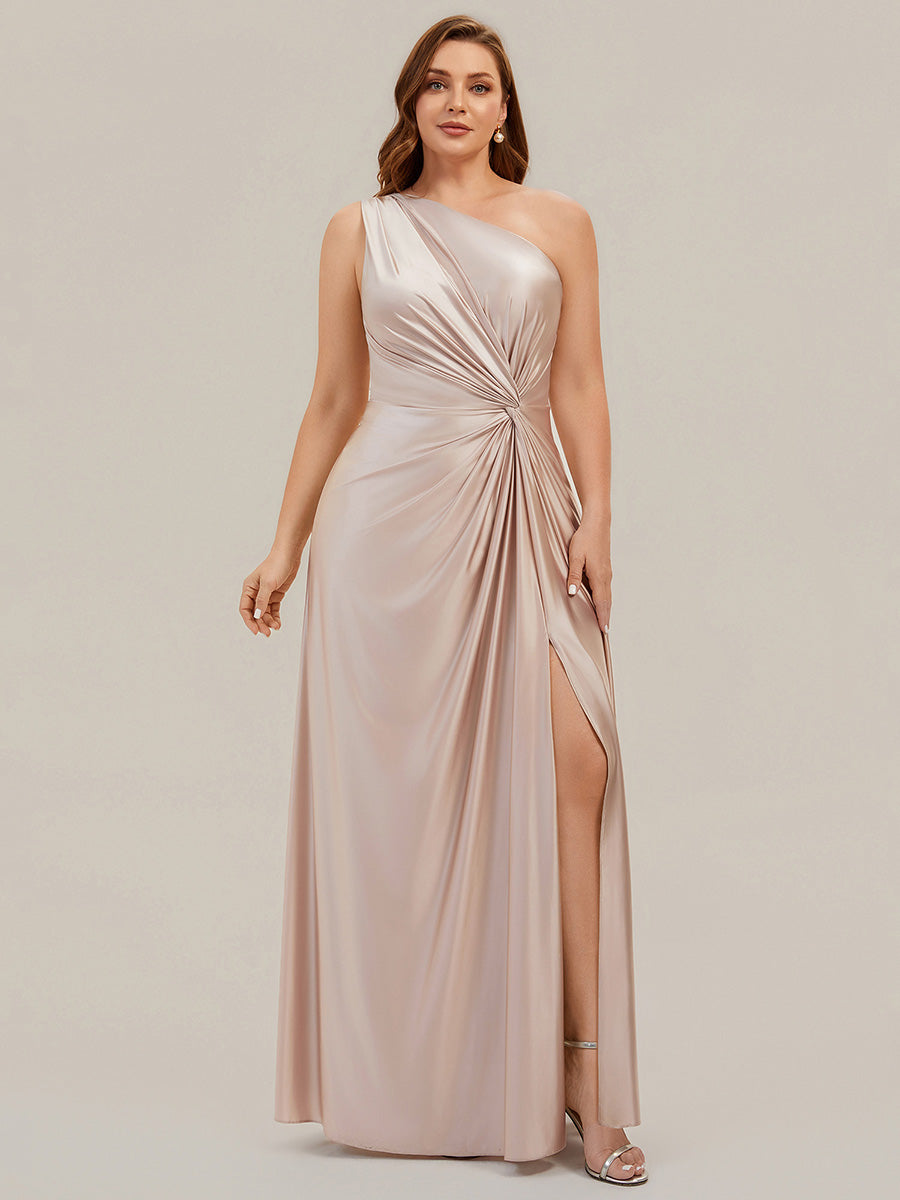 Bodenlanger Asymmetrischer A-Linien Satin Kleid Mit Hohem Schlitz Und Geknotetem Detail #Farbe_Champagner