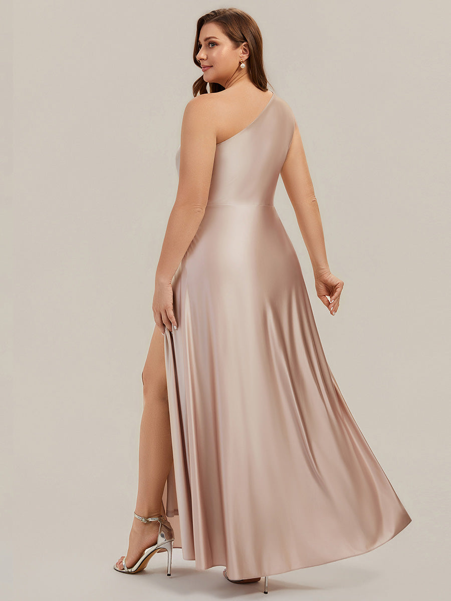 Bodenlanger Asymmetrischer A-Linien Satin Kleid Mit Hohem Schlitz Und Geknotetem Detail #Farbe_Champagner