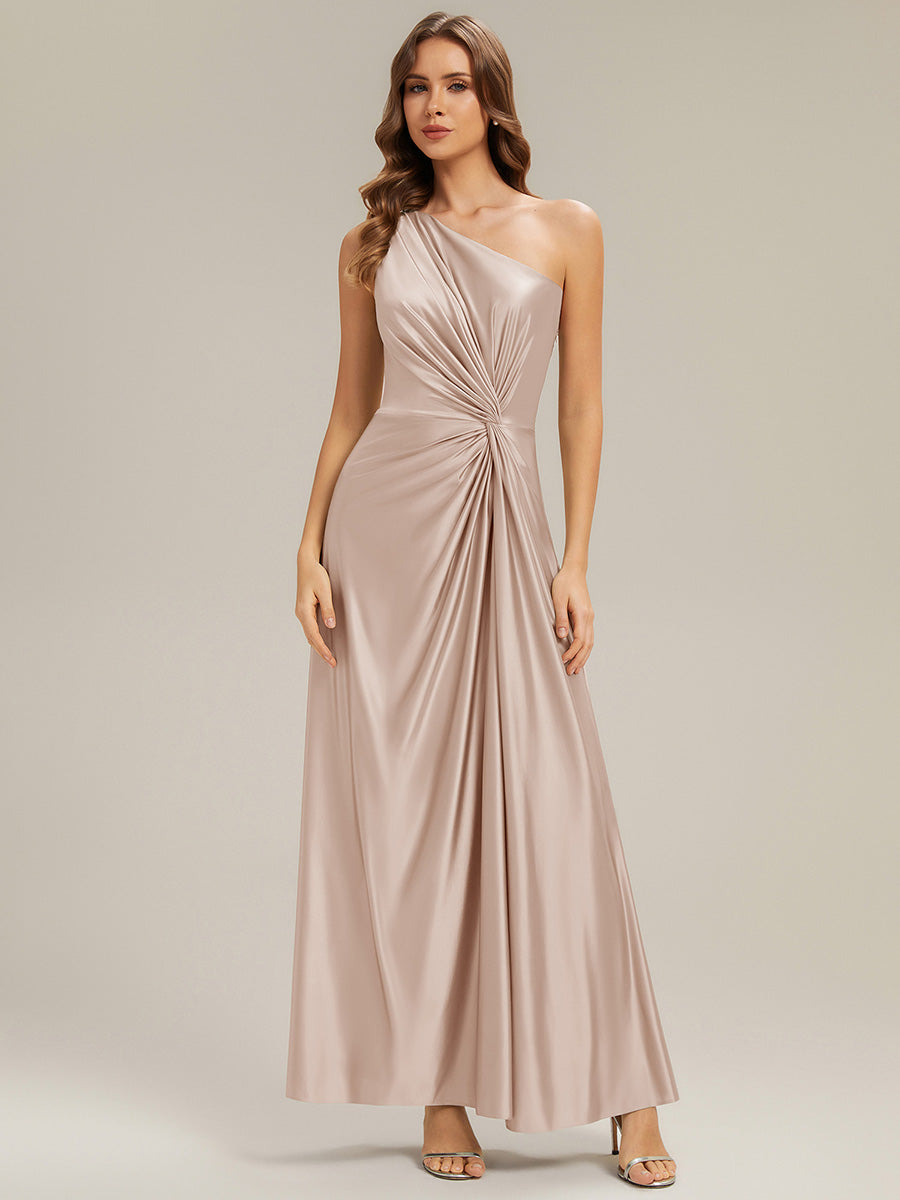Bodenlanger Asymmetrischer A-Linien Satin Kleid Mit Hohem Schlitz Und Geknotetem Detail #Farbe_Champagner