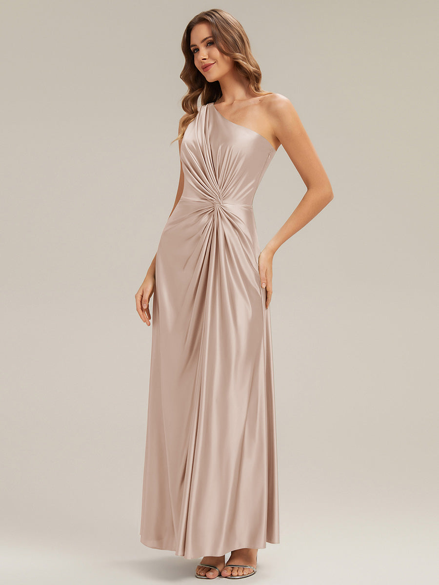 Bodenlanger Asymmetrischer A-Linien Satin Kleid Mit Hohem Schlitz Und Geknotetem Detail #Farbe_Champagner