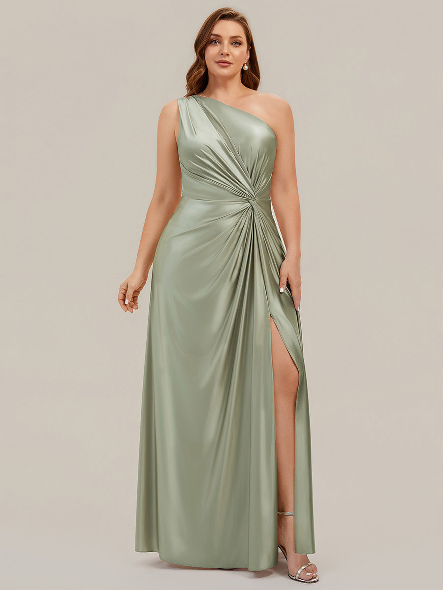Bodenlanger Asymmetrischer A-Linien Satin Kleid Mit Hohem Schlitz Und Geknotetem Detail #Farbe_Salbeigrün