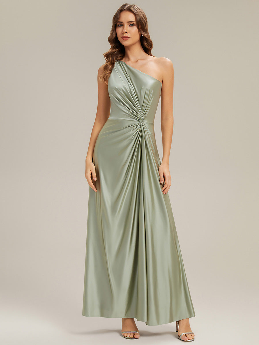 Bodenlanger Asymmetrischer A-Linien Satin Kleid Mit Hohem Schlitz Und Geknotetem Detail #Farbe_Salbeigrün