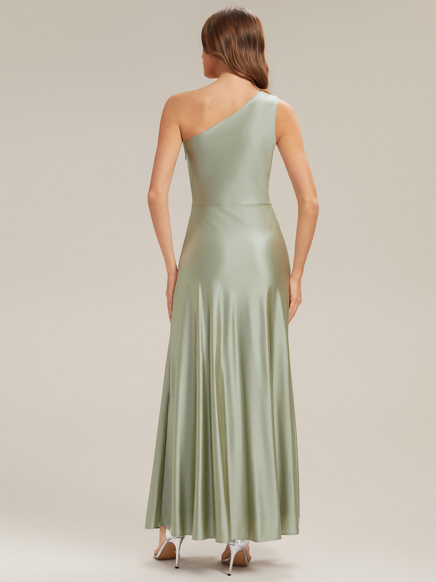 Bodenlanger Asymmetrischer A-Linien Satin Kleid Mit Hohem Schlitz Und Geknotetem Detail #Farbe_Salbeigrün