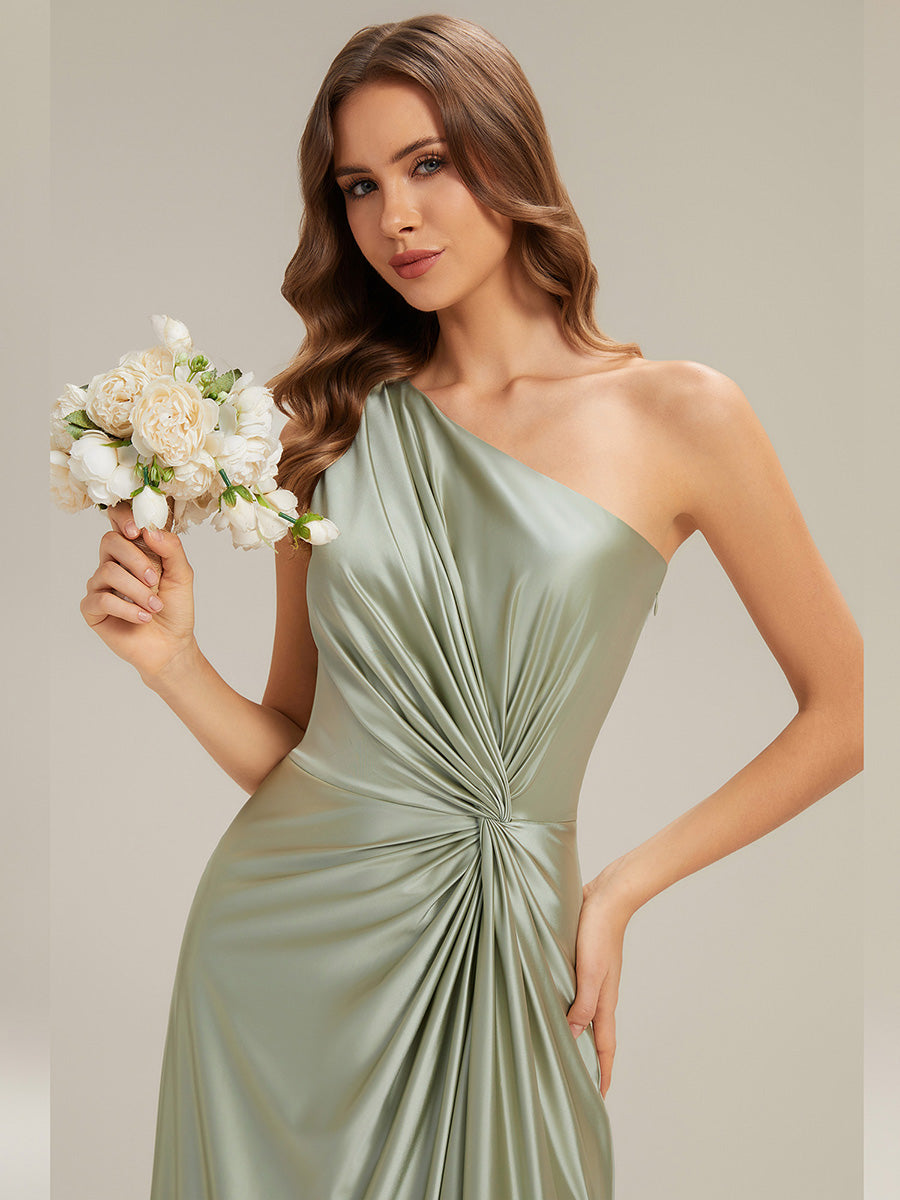 Bodenlanger Asymmetrischer A-Linien Satin Kleid Mit Hohem Schlitz Und Geknotetem Detail #Farbe_Salbeigrün
