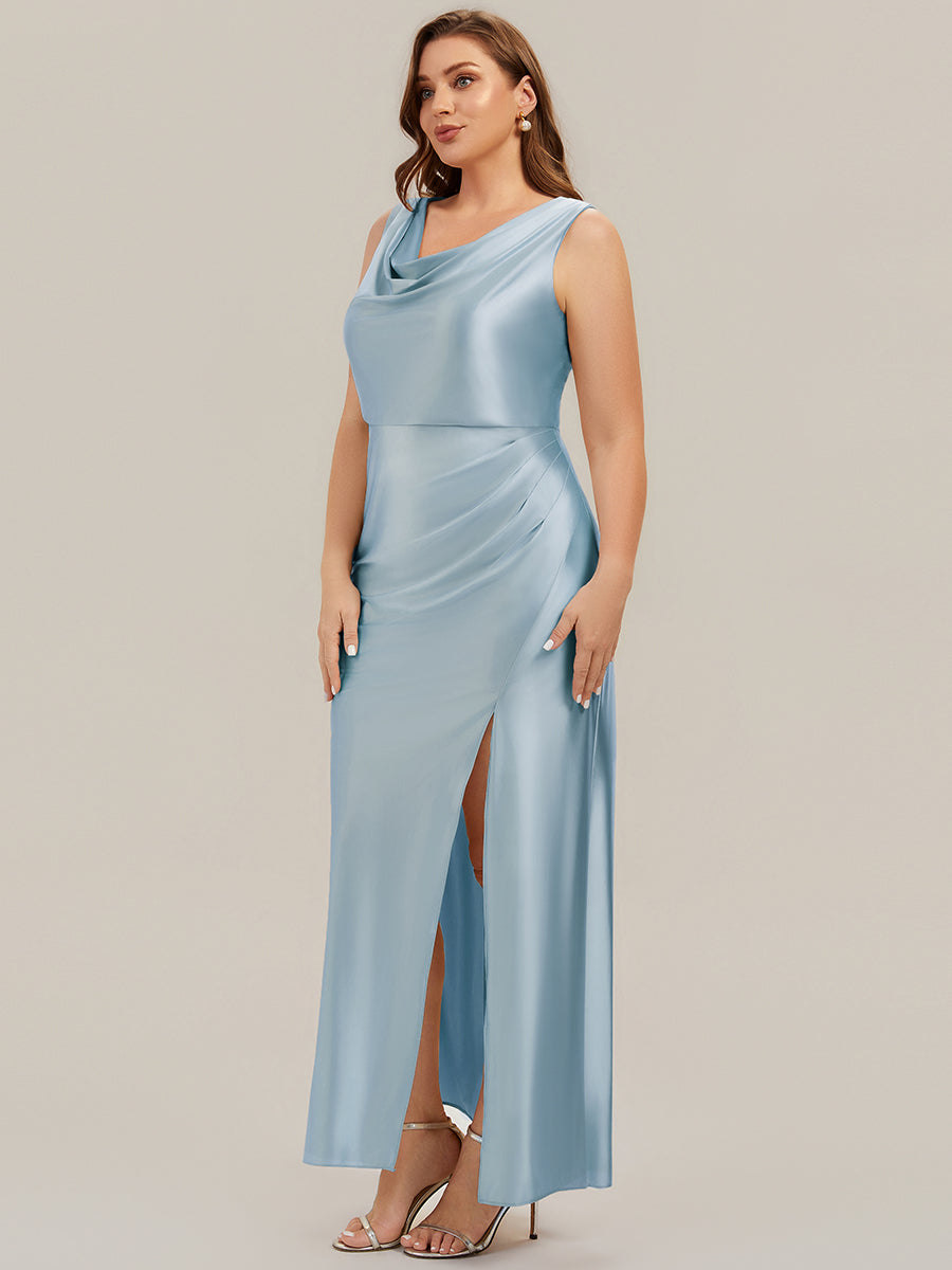 Bodenlanger Cowl Neck Meerjungfrau Satin Kleid Mit Hohem Schlitz Elegantes Design Kleid #Farbe_Himmelblau