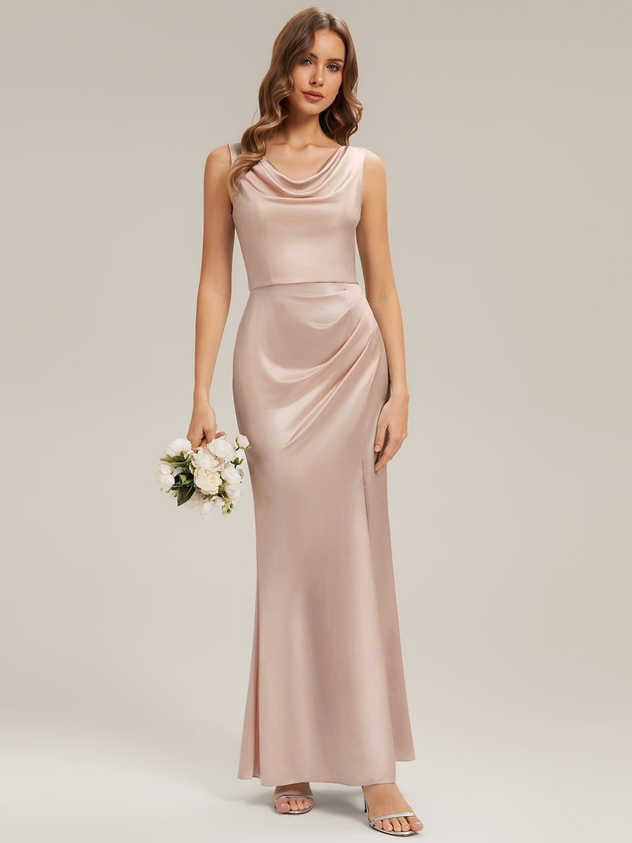 Bodenlanger Cowl Neck Meerjungfrau Satin Kleid Mit Hohem Schlitz Elegantes Design Kleid #Farbe_Champagner
