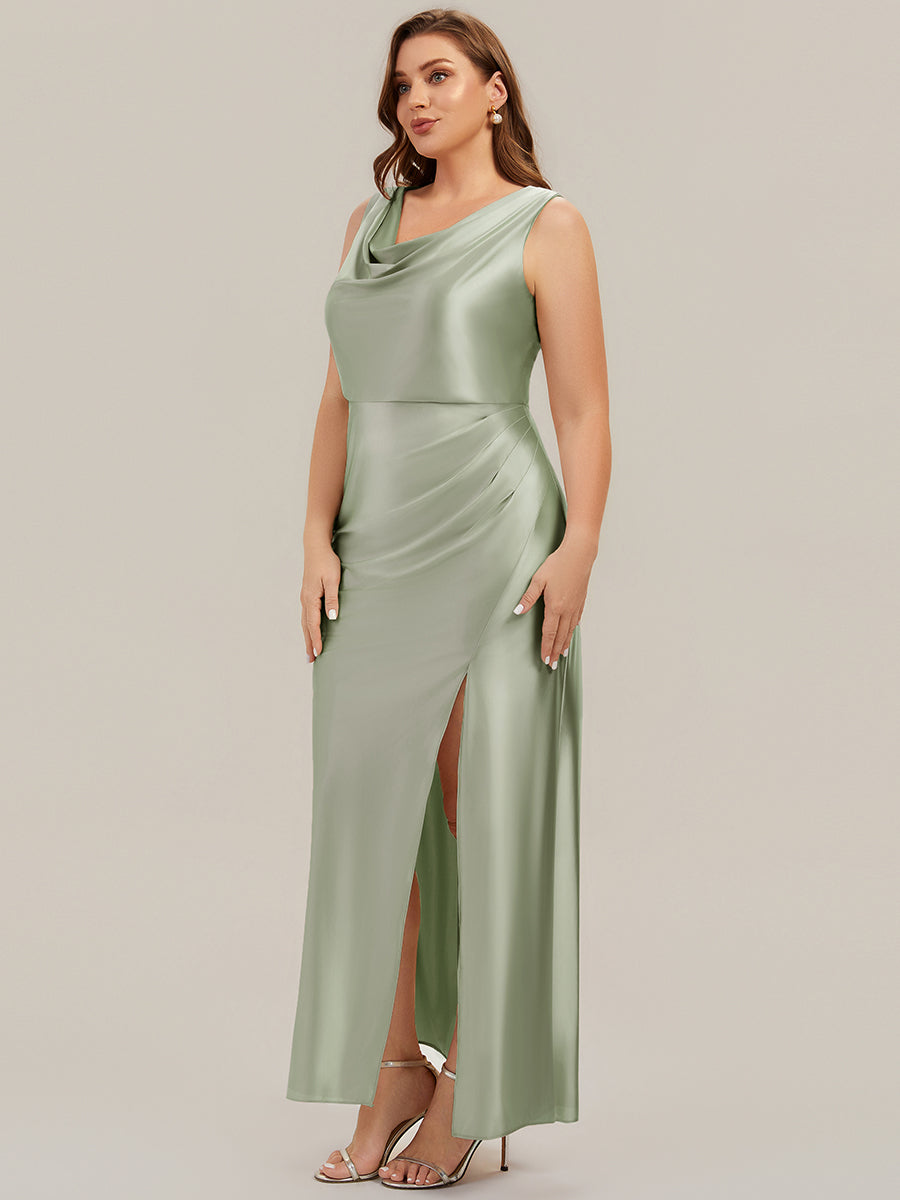 Bodenlanger Cowl Neck Meerjungfrau Satin Kleid Mit Hohem Schlitz Elegantes Design Kleid #Farbe_Salbeigrün