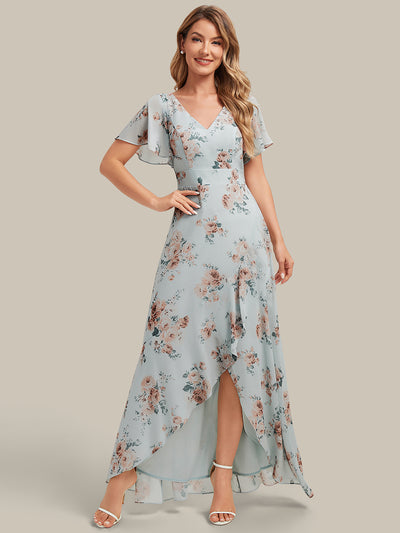 Asymmetrischer Saum V-Ausschnitt Chiffon Kleid Mit Tiefem V-Ausschnitt R¨¹schen Und Raffung Details #Farbe_Bernstein