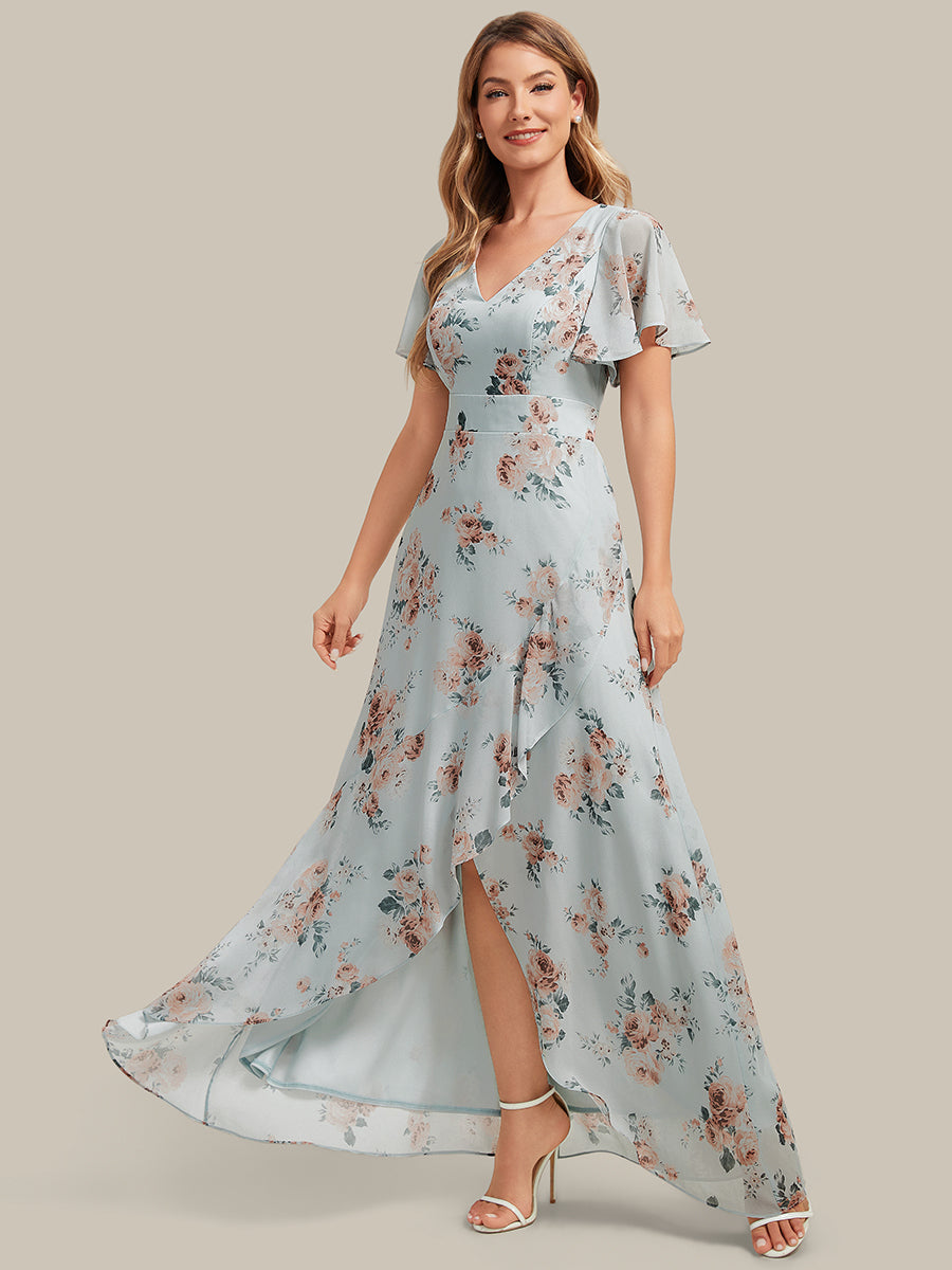 Asymmetrischer Saum V-Ausschnitt Chiffon Kleid Mit Tiefem V-Ausschnitt R¨¹schen Und Raffung Details #Farbe_Bernstein