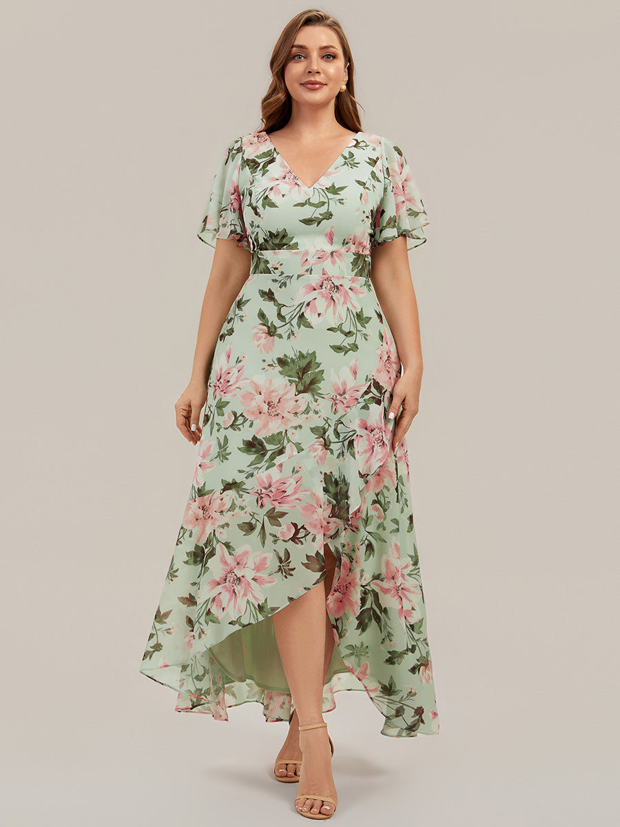 Asymmetrischer Saum V-Ausschnitt Chiffon Kleid Mit Tiefem V-Ausschnitt R¨¹schen Und Raffung Details #Farbe_Hellgrün mit Blumenmuster