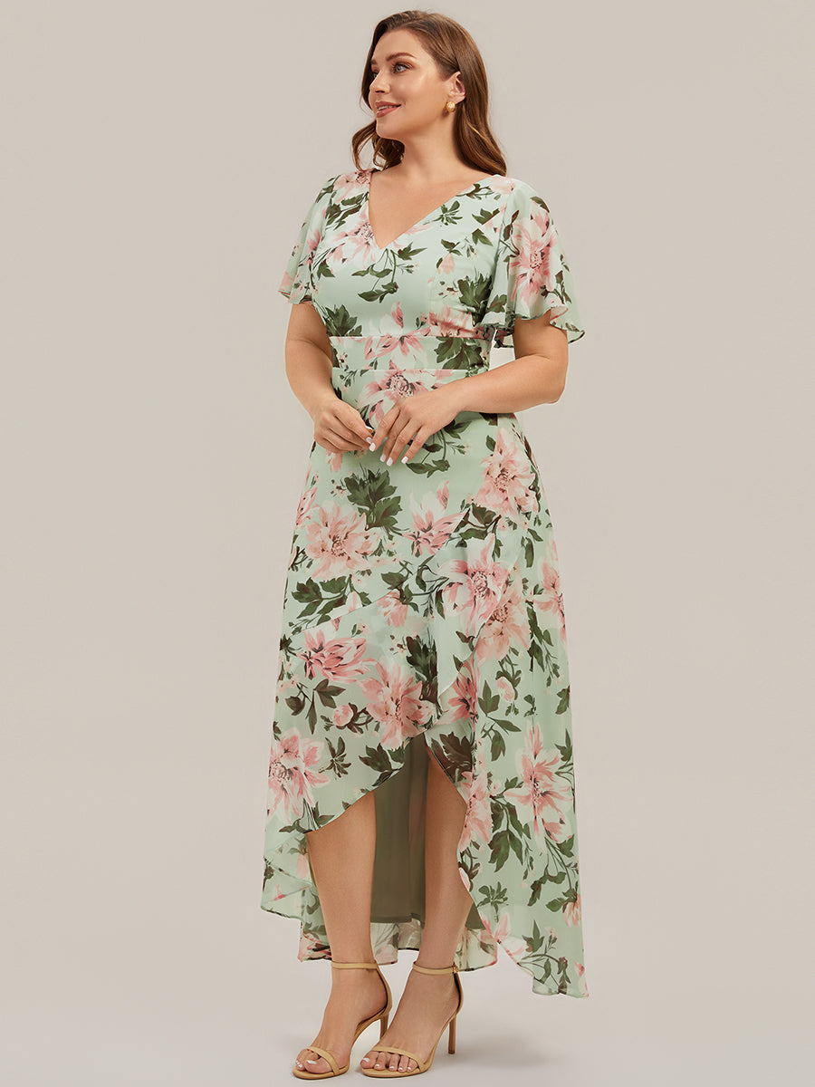 Asymmetrischer Saum V-Ausschnitt Chiffon Kleid Mit Tiefem V-Ausschnitt R¨¹schen Und Raffung Details #Farbe_Hellgrün mit Blumenmuster