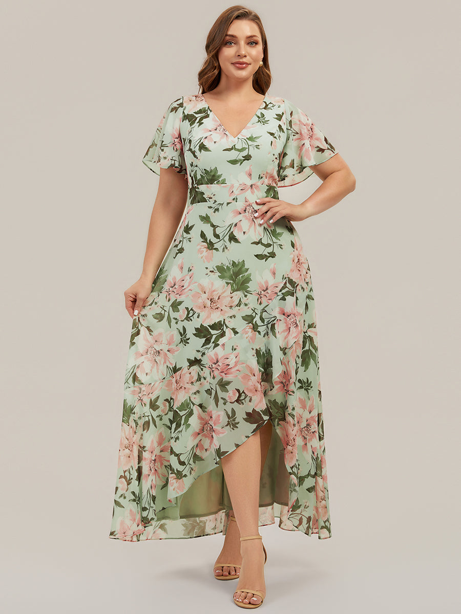 Asymmetrischer Saum V-Ausschnitt Chiffon Kleid Mit Tiefem V-Ausschnitt R¨¹schen Und Raffung Details #Farbe_Hellgrün mit Blumenmuster