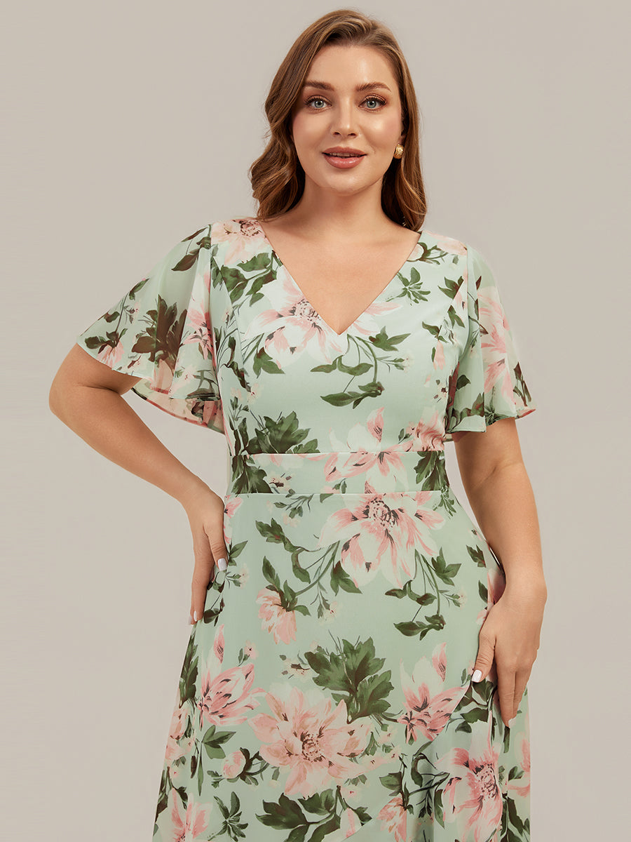 Asymmetrischer Saum V-Ausschnitt Chiffon Kleid Mit Tiefem V-Ausschnitt R¨¹schen Und Raffung Details #Farbe_Hellgrün mit Blumenmuster